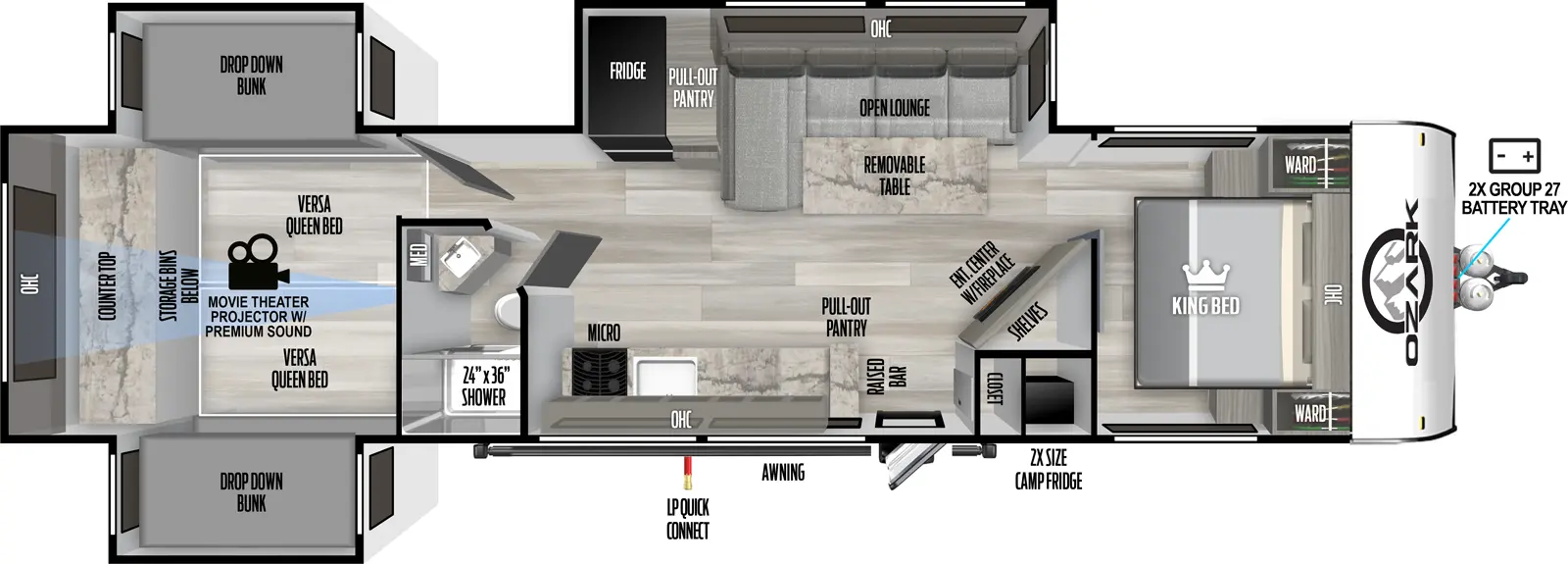 The Ozark 3190BHK floorplan has one entry and three slide outs. Exterior features include: metal exterior. Interiors features include: bunk beds and front bedroom.